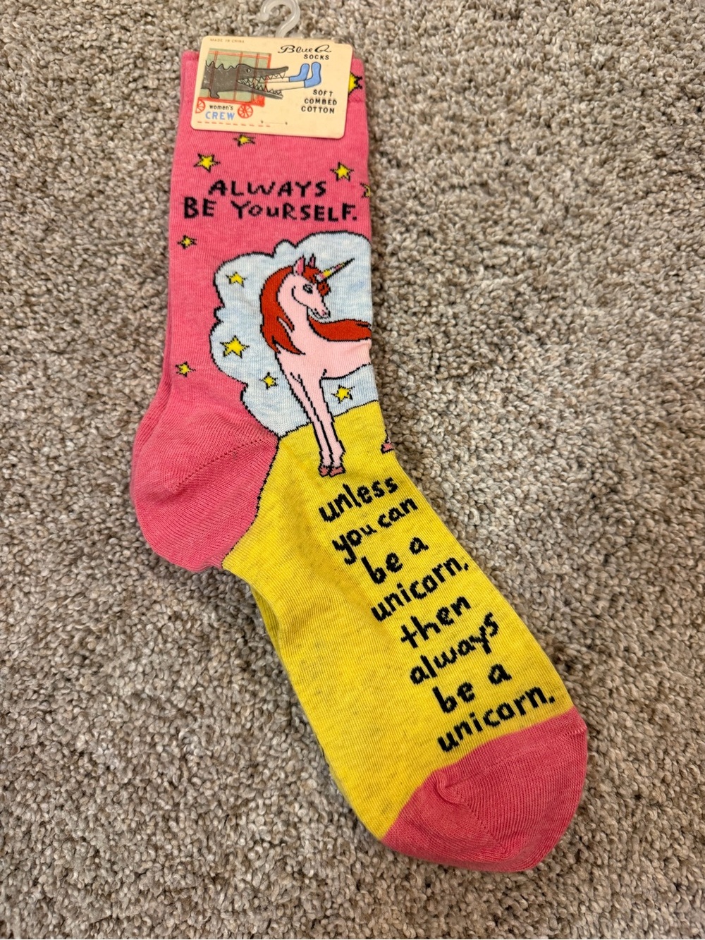 Blue Q Pink and Yellow Unicorn Crew Socks